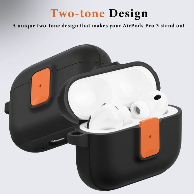 Alt view image 4 of 7 - for AirPods Pro 3 Case, Black Orange Compatible with Apple AirPods Pro 3rd Generation Case (2025), Two-Tone Effect, with Safety Lock & Carabiner