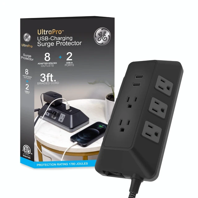 Main image of Sur Protector Power Strip with USB Ports, 3 Ft Braided Extension Cord 1780 Joules, 8 Outlet Extender, 2 USB-A Ports, Flat Plug, ETL Safety Listed, Black, 73776