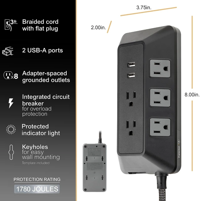 Alt view image 7 of 7 - Sur Protector Power Strip with USB Ports, 3 Ft Braided Extension Cord 1780 Joules, 8 Outlet Extender, 2 USB-A Ports, Flat Plug, ETL Safety Listed, Black, 73776