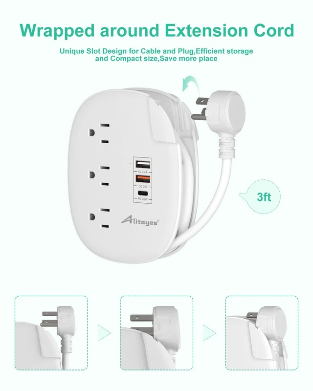Alt view image 4 of 7 - PD20W USB C Travel Power Strip,3 Outlets 3 USB,3ft Wrapped Cord PD20W USB C Fast Charging Station,QC 3.0 Charger,3 Outlets,Flat Plug,3ft Wrapped Around Extension Cord,for Cruise Travel Home
