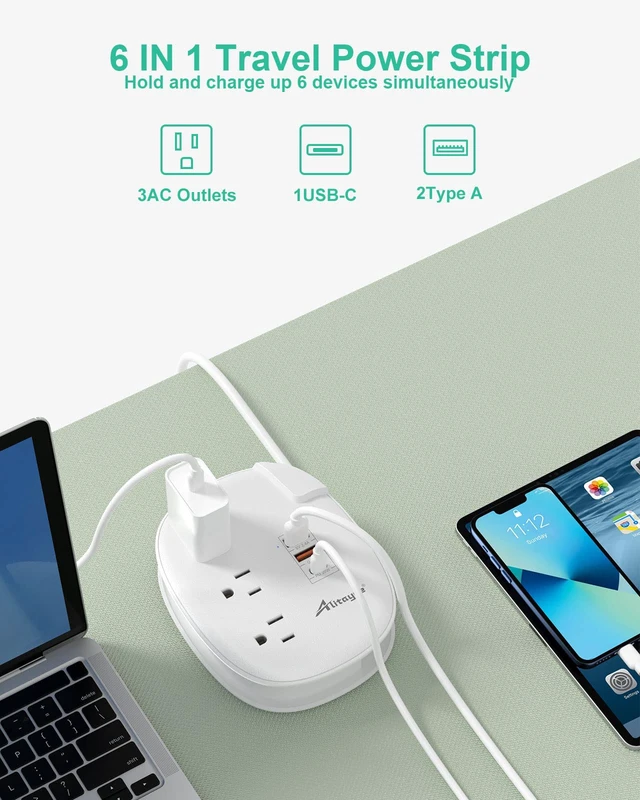 Alt view image 3 of 7 - PD20W USB C Travel Power Strip,3 Outlets 3 USB,3ft Wrapped Cord PD20W USB C Fast Charging Station,QC 3.0 Charger,3 Outlets,Flat Plug,3ft Wrapped Around Extension Cord,for Cruise Travel Home