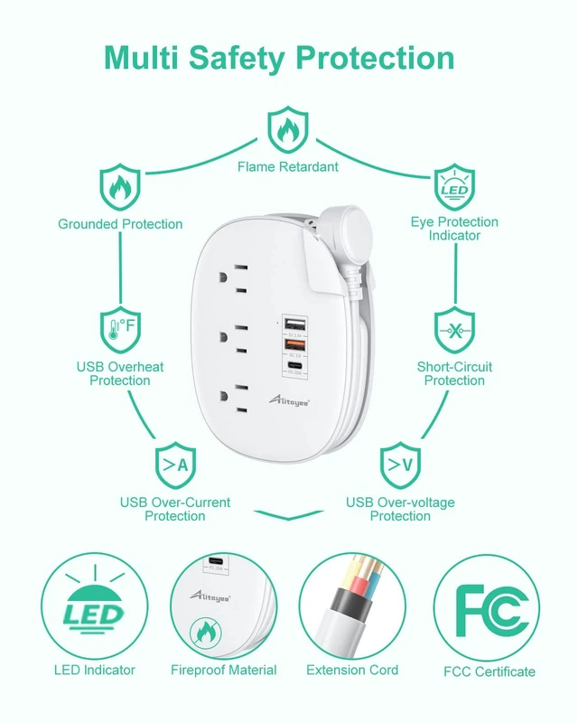 Alt view image 6 of 7 - PD20W USB C Travel Power Strip,3 Outlets 3 USB,3ft Wrapped Cord PD20W USB C Fast Charging Station,QC 3.0 Charger,3 Outlets,Flat Plug,3ft Wrapped Around Extension Cord,for Cruise Travel Home