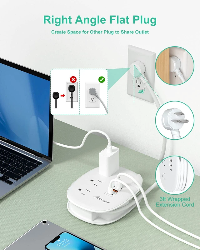Alt view image 5 of 7 - PD20W USB C Travel Power Strip,3 Outlets 3 USB,3ft Wrapped Cord PD20W USB C Fast Charging Station,QC 3.0 Charger,3 Outlets,Flat Plug,3ft Wrapped Around Extension Cord,for Cruise Travel Home