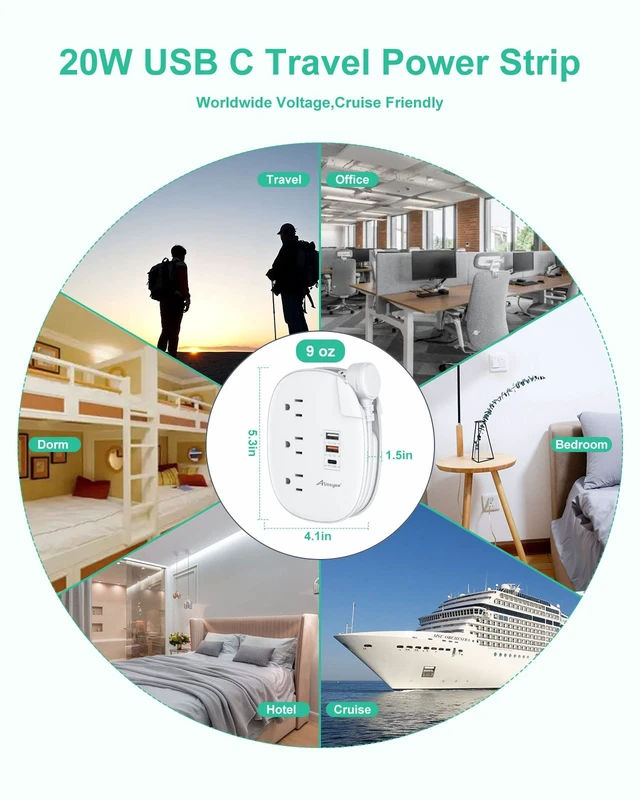 Alt view image 7 of 7 - PD20W USB C Travel Power Strip,3 Outlets 3 USB,3ft Wrapped Cord PD20W USB C Fast Charging Station,QC 3.0 Charger,3 Outlets,Flat Plug,3ft Wrapped Around Extension Cord,for Cruise Travel Home