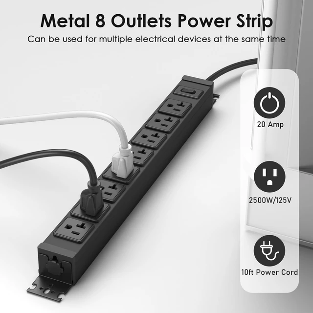 Alt view image 5 of 7 - Heavy Duty Power Strip Wall Mount, 20 Amp Surge Protector 1200J Metal 8 Outlet Under Desk Mounted 20A, Garage Power Table Socket Industrial Outlets 6-20R T-Slot, Black-10FT 12AWG Extension Cord