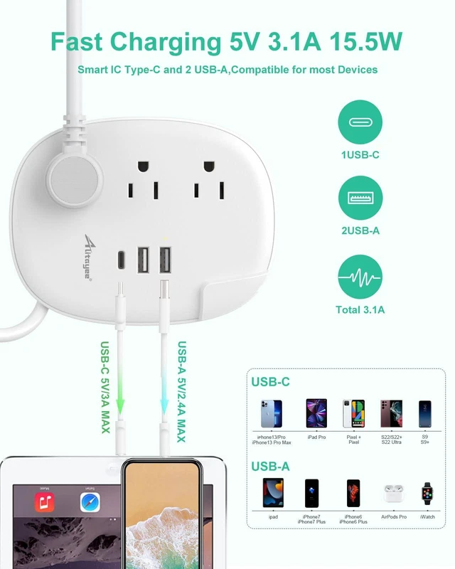 Alt view image 2 of 7 - USB C Travel Power Strip,3 Outlets 3 USB Ports,4ft Extension Cord 3 USB Ports,Portable Power Strip,4ft Wrapped Around Extension Cord,Flat Plug,No Surge Protector,For Cruise Travel Home Office