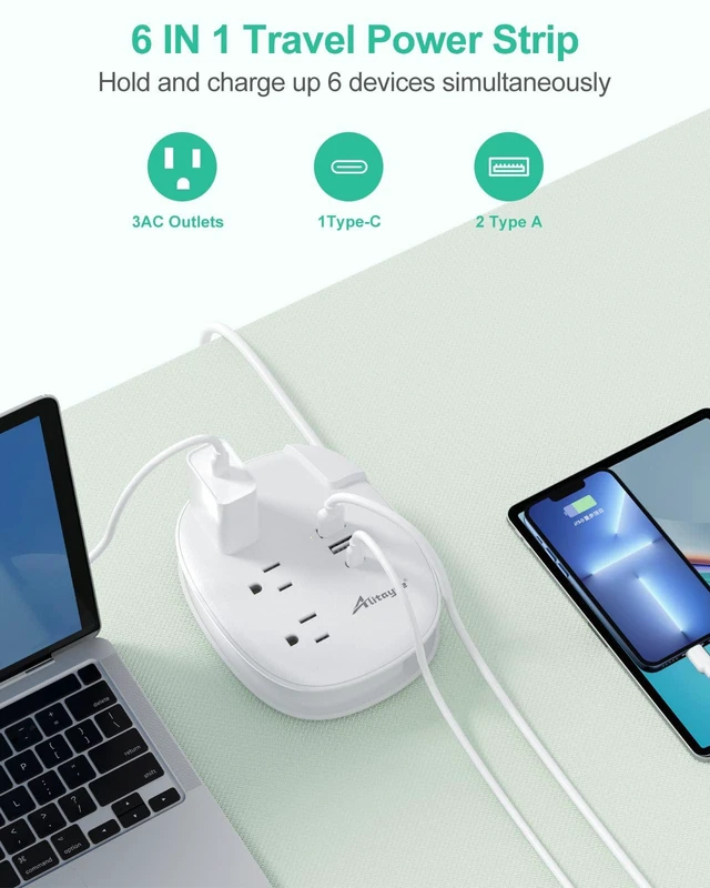 Alt view image 3 of 7 - USB C Travel Power Strip,3 Outlets 3 USB Ports,4ft Extension Cord 3 USB Ports,Portable Power Strip,4ft Wrapped Around Extension Cord,Flat Plug,No Surge Protector,For Cruise Travel Home Office