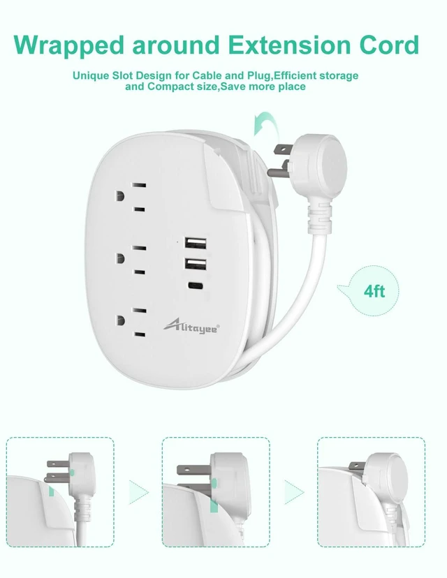 Alt view image 4 of 7 - USB C Travel Power Strip,3 Outlets 3 USB Ports,4ft Extension Cord 3 USB Ports,Portable Power Strip,4ft Wrapped Around Extension Cord,Flat Plug,No Surge Protector,For Cruise Travel Home Office