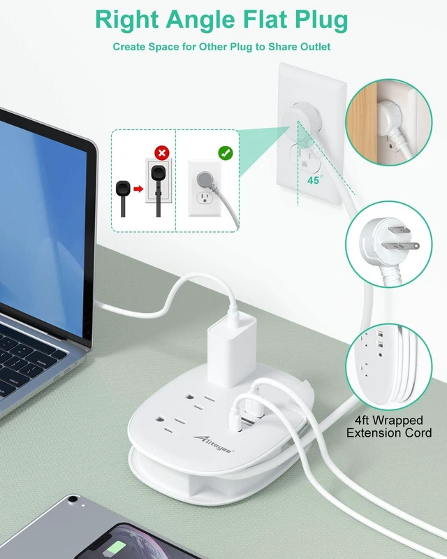 Alt view image 5 of 7 - USB C Travel Power Strip,3 Outlets 3 USB Ports,4ft Extension Cord 3 USB Ports,Portable Power Strip,4ft Wrapped Around Extension Cord,Flat Plug,No Surge Protector,For Cruise Travel Home Office