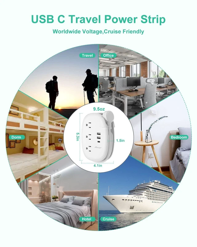 Alt view image 6 of 7 - USB C Travel Power Strip,3 Outlets 3 USB Ports,4ft Extension Cord 3 USB Ports,Portable Power Strip,4ft Wrapped Around Extension Cord,Flat Plug,No Surge Protector,For Cruise Travel Home Office