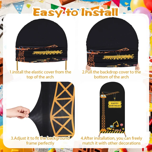 Alt view image 3 of 7 - Construction Birthday Party Arch Cover Set of 3, Caution Construction Arch Backdrop Spandex Stretch Backdrop Stand Cover 4ft, 5ft, 6ft, Easy Arch Setup