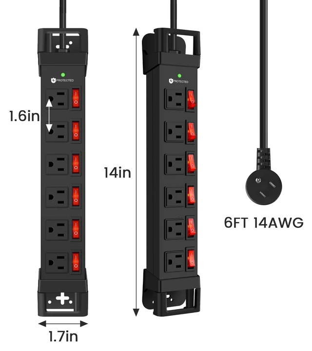 Alt view image 7 of 7 - Heavy Duty Power Strip with 1200J Surge Protector,14 Gauge,Black,6FT Individual Switch with Multiple Outlets,for Home Office Workshop Garage,ETL Listed