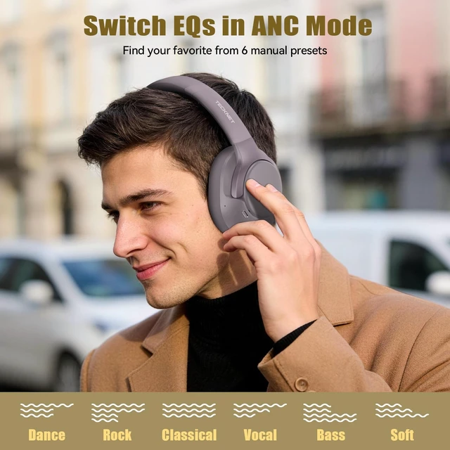 Alt view image 7 of 7 - Hybrid Active Noise Cancelling Headphones, Bluetooth 6.0 Wireless Headphones with 4 ENC Mic, 70H Playtime and 6 EQ Music Modes, Over Ear Headphones for Travel Work Cellphone - Purple Gray