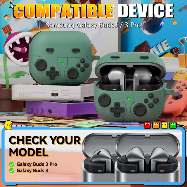 Alt view image 2 of 7 - Game Case for Samsung Galaxy Buds 3 FE(2025)/Buds 3 Pro Case 2024,Green Soft Silicone Classic Game Player Design with 3D Button Cover for Buds Pro 3 Case with Cleaner Kit for Women Men,Shockproof
