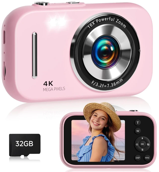 Main image of Digital Camera for Teens, 4K Point and Shoot Compact Camera with Vintage Filters, Mini Vlogging Camera Gift for Kids Students Beginners, Includes MP3 Function & 32GB Card (Pink)