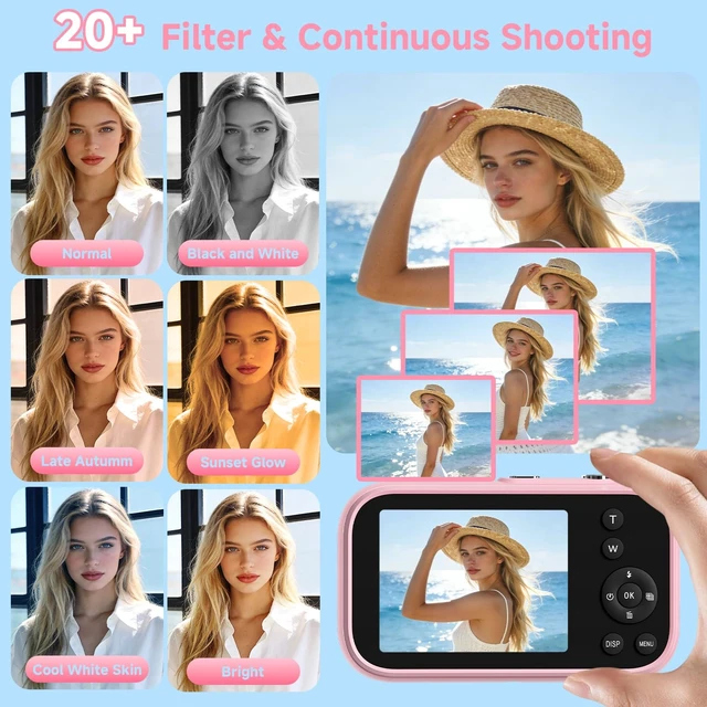 Alt view image 4 of 7 - Digital Camera for Teens, 4K Point and Shoot Compact Camera with Vintage Filters, Mini Vlogging Camera Gift for Kids Students Beginners, Includes MP3 Function & 32GB Card (Pink)