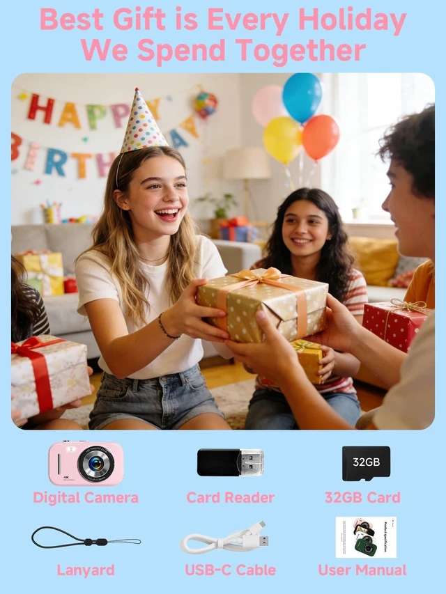 Alt view image 7 of 7 - Digital Camera for Teens, 4K Point and Shoot Compact Camera with Vintage Filters, Mini Vlogging Camera Gift for Kids Students Beginners, Includes MP3 Function & 32GB Card (Pink)