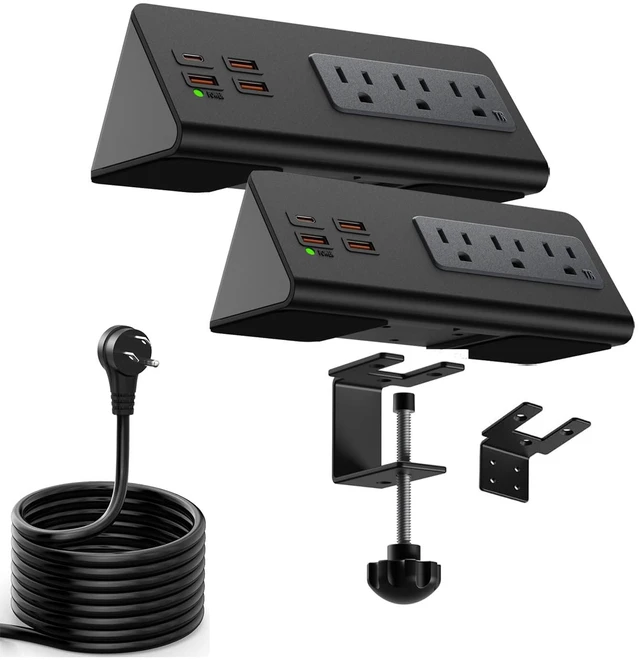 Main image of Upgraded Version Edge Mount Power Strip with USB-C Ports Tabletop Surge Protector Desk Clamp Power Sockets with 3 AC Outlets &4 Fast Charging USB Ports for Home Office Hotel Dormitory (Black - 2pack)