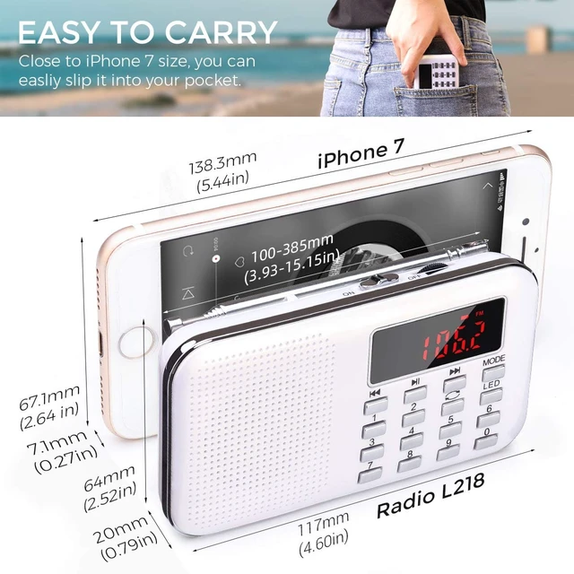 Alt view image 3 of 7 - Mini Portable Radio AM FM Pocket Radio with MP3 Support Micro SD/TF Card/USB Playback, LED Flashlight, Auto Scan Save, 1200mAh Rechargeable Battery Operated, Digital Radios