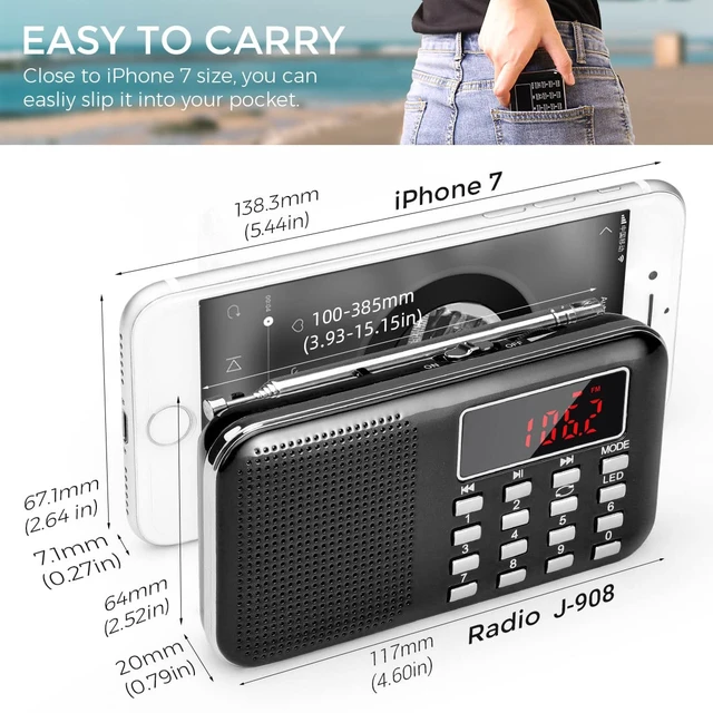 Alt view image 3 of 7 - Mini Portable Radio AM FM Pocket Radio with MP3 Support Micro SD/TF Card/USB Playback, LED Flashlight, Auto Scan Save, 1200mAh Rechargeable Battery Operated, Digital Radios