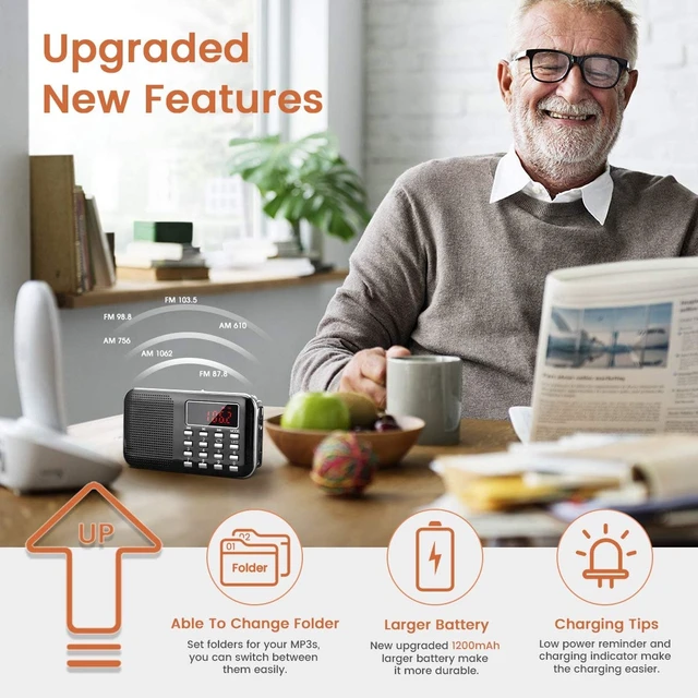 Alt view image 2 of 7 - Mini Portable Radio AM FM Pocket Radio with MP3 Support Micro SD/TF Card/USB Playback, LED Flashlight, Auto Scan Save, 1200mAh Rechargeable Battery Operated, Digital Radios