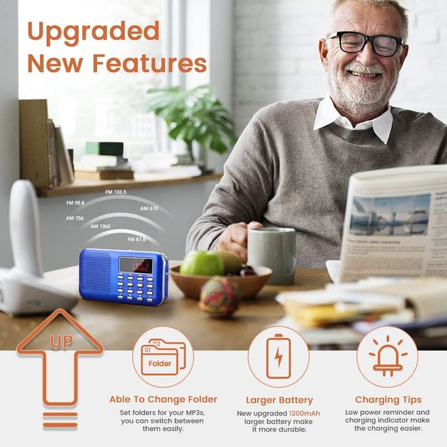Alt view image 2 of 7 - Mini Portable Radio AM FM Pocket Radio with MP3 Support Micro SD/TF Card/USB Playback, LED Flashlight, Auto Scan Save, 1200mAh Rechargeable Battery Operated, Digital Radios