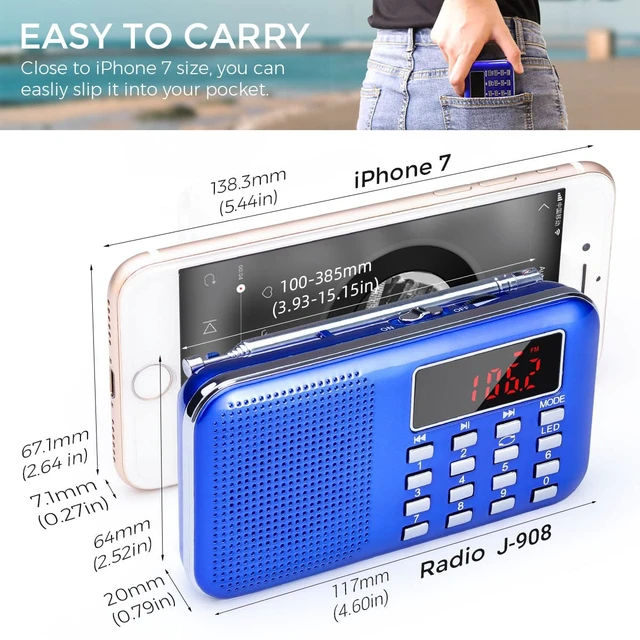 Alt view image 3 of 7 - Mini Portable Radio AM FM Pocket Radio with MP3 Support Micro SD/TF Card/USB Playback, LED Flashlight, Auto Scan Save, 1200mAh Rechargeable Battery Operated, Digital Radios