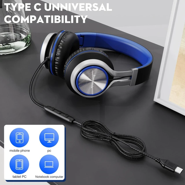 Alt view image 7 of 7 - USB C Headphones with Microphone, Wired Over-Ear for School Volume Control, HD Stereo Sound, Comfortable Fit, Wired Foldable Headphones for Adult/Teens/Laptop/Tablets/Travel, Blue