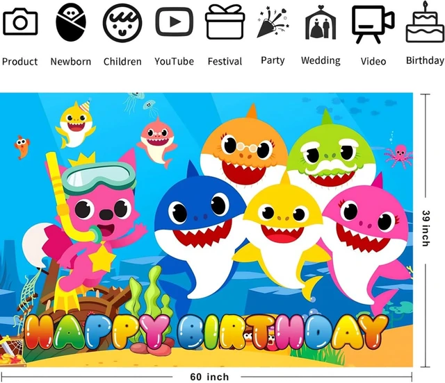 Alt view image 3 of 4 - Shark Theme Birthday Decorations Backdrop for Kids Party Supplies (5x3ft)