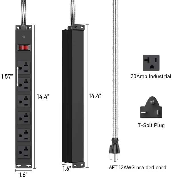 Alt view image 7 of 7 - 20A Heavy Duty Power Strip, Wall Mount, 6 Outlets (5-20R),1200J Metal Surge Protector with Circuit Breaker,5-20P/T Plug, 12AWG 6FT Cord,for Workshop Garage Industrial,Black, ETL Listed