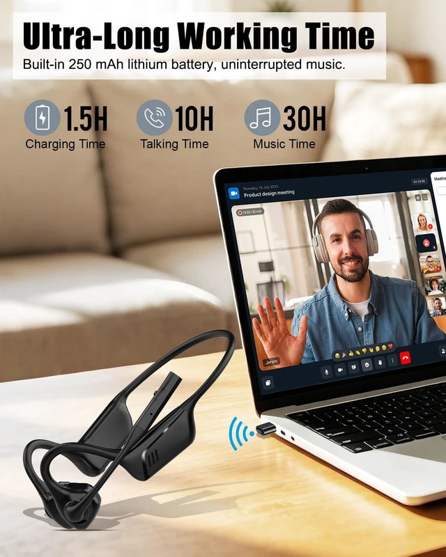 Alt view image 6 of 7 - Open Ear Headphones with Mic, Bluetooth 5.1 Headset, aptX Low Latency Air Conduction Headphone with Mute Button, Lightweight, USB A&C Dongle, Wireless Headset for Online Meeting/Call Center