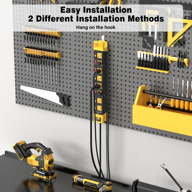Alt view image 4 of 7 - 8 Outlet Power Strip with Individual Switches & Cord Manager 1200J 6FT Wall Mount Heavy Duty Power Strip Home Office Garage Industrial Workbench