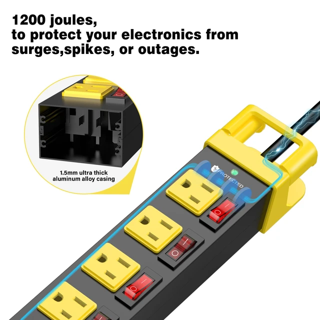 Alt view image 6 of 7 - 8 Outlet Power Strip with Individual Switches & Cord Manager 1200J 6FT Wall Mount Heavy Duty Power Strip Home Office Garage Industrial Workbench