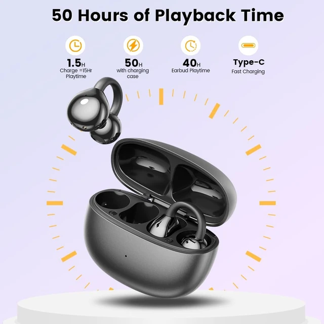 Alt view image 2 of 7 - Open Ear Clip Headphones, Wireless Earbuds Bluetooth 5.4 The Over Ear Buds Earphones Built-in Mic with Ear Hooks, 36H Playtime,for iOS and Android (Black)
