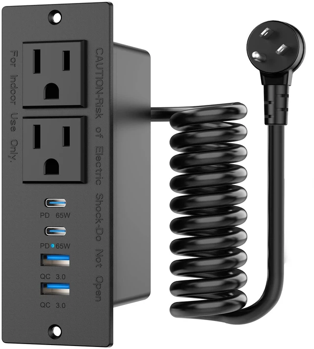 Main image of 65W Furniture Drawer Outlet Kit, Recessed Outlet with 4 USB Ports & 2 AC Outlets, Recessed Power Strip for Home, Office,14 AWG-10FT Spring Cord