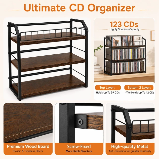 Alt view image 4 of 7 - 3-Tier CD Storage Rack, CD Holder Tower Holds 123 CDs with Display Top Shelf, Metal and Wood CD Organizer Stand for Standard Jewel Cases, Compact Desktop CD Shelf for Home Office