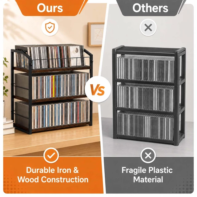 Alt view image 7 of 7 - 3-Tier CD Storage Rack, CD Holder Tower Holds 123 CDs with Display Top Shelf, Metal and Wood CD Organizer Stand for Standard Jewel Cases, Compact Desktop CD Shelf for Home Office