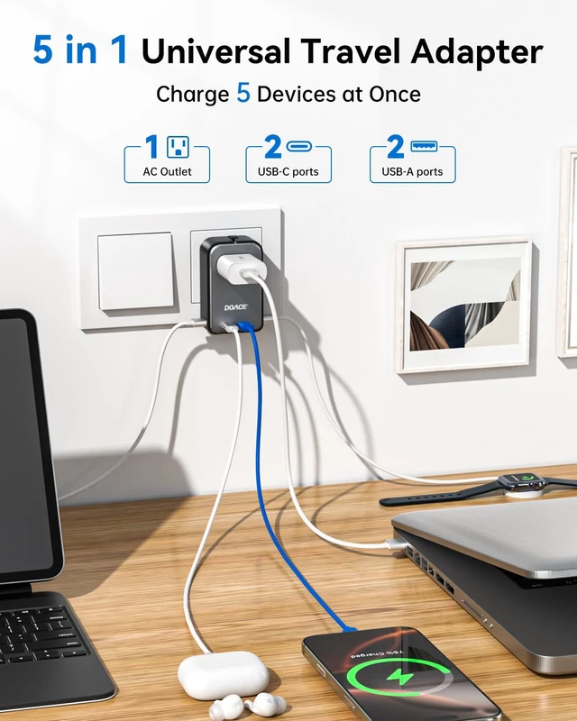 Alt view image 4 of 7 - Pico 20W Travel Adapter, 5-Port Universal Power Adapter 1 AC, 2 USB C and 2 USB-A, International Plug Adaptor Worldwide for US to European UK Italy Spain New Zealand Over 200 Countries