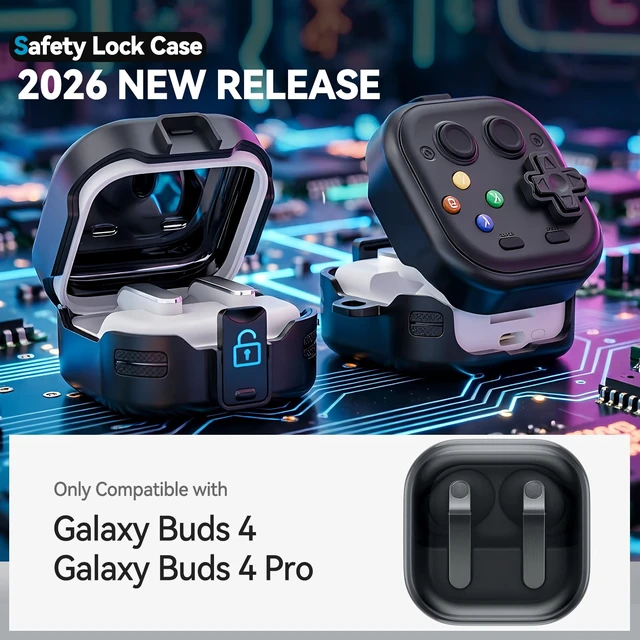 Alt view image 2 of 7 - Secure Lock Case for Galaxy Buds 4 Pro Case and Buds 4 Case, Rugged Hard Shell with Cleaner Kit and Keychain for Men Boy Women, Funny Game Cover for Samsung Galaxy Buds 4/4 Pro 2026, Black