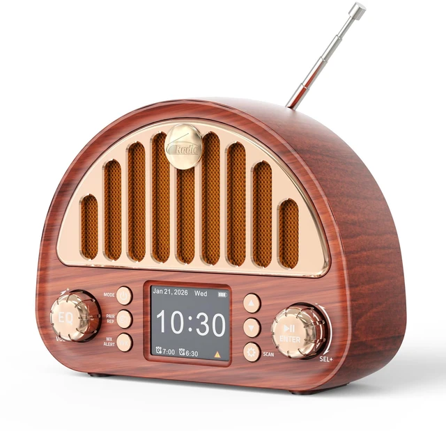 Main image of Retro FM Radio with Bluetooth Speaker & NOAA Weather Alert 8W Bluetooth Speaker, 40 FM Presets, NOAA Weather Alert, 2" Color Display, Dual Alarm & Rechargeable Battery