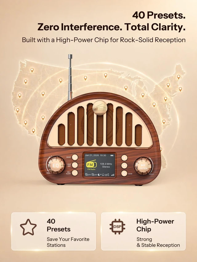 Alt view image 3 of 7 - Retro FM Radio with Bluetooth Speaker & NOAA Weather Alert 8W Bluetooth Speaker, 40 FM Presets, NOAA Weather Alert, 2" Color Display, Dual Alarm & Rechargeable Battery