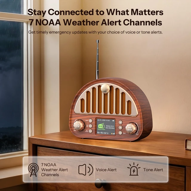 Alt view image 2 of 7 - Retro FM Radio with Bluetooth Speaker & NOAA Weather Alert 8W Bluetooth Speaker, 40 FM Presets, NOAA Weather Alert, 2" Color Display, Dual Alarm & Rechargeable Battery