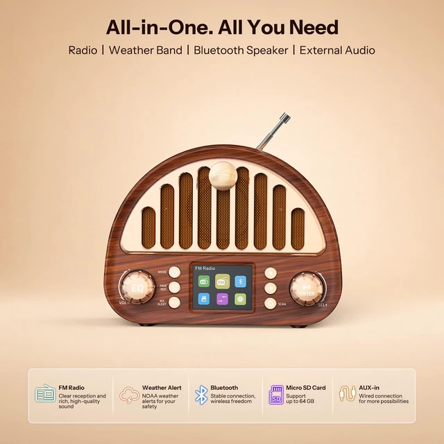 Alt view image 4 of 7 - Retro FM Radio with Bluetooth Speaker & NOAA Weather Alert 8W Bluetooth Speaker, 40 FM Presets, NOAA Weather Alert, 2" Color Display, Dual Alarm & Rechargeable Battery