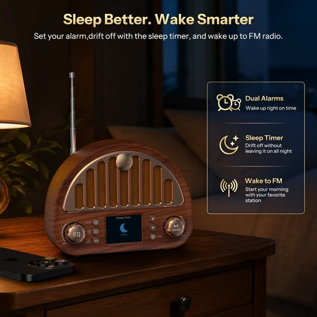 Alt view image 5 of 7 - Retro FM Radio with Bluetooth Speaker & NOAA Weather Alert 8W Bluetooth Speaker, 40 FM Presets, NOAA Weather Alert, 2" Color Display, Dual Alarm & Rechargeable Battery