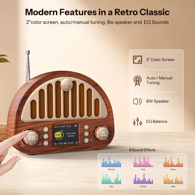 Alt view image 6 of 7 - Retro FM Radio with Bluetooth Speaker & NOAA Weather Alert 8W Bluetooth Speaker, 40 FM Presets, NOAA Weather Alert, 2" Color Display, Dual Alarm & Rechargeable Battery