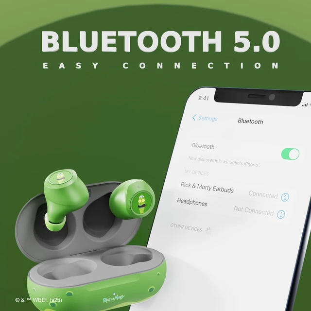Alt view image 6 of 7 - Rick and Morty Portal Wireless Bluetooth Earbuds with Charging Case, Built-in Mic, 30 Hr Playtime, Officially Licensed Rick and Morty Gifts for Men, Women, Teens and All Fans (Pickle Rick)
