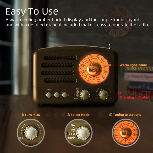 Alt view image 5 of 7 - J-160 Retro Vintage AM FM Radio with Bluetooth Speaker,Gifts for Mom Rechargeable, USB/TF Card Playback, Small Transistor Radios Battery Operated, Rechargeable Radio