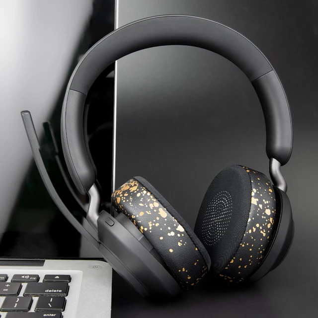 Alt view image 3 of 7 - Cooling Gel Earpads Replacement for Jabra Evolve2 65 (Evolve 2 65MS 65UC MS UC)/Evolve2 40 (40UC 40MS USB)/Elite 45h On-Ear Wireless Headset, Ear Pads Cushions with Ice Silk Fabric -Black Gold