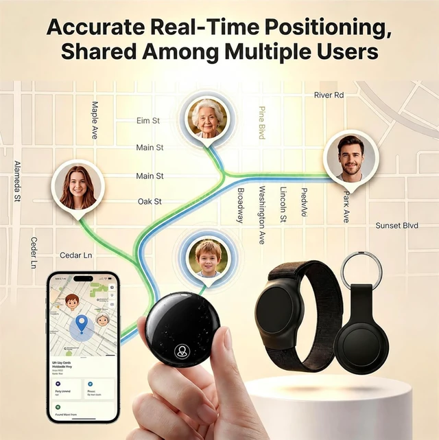 Alt view image 3 of 7 - GPS Tracker for Kids, Real-Time Smart GPS Tracking Device for Seniors w/Wearable Wristband & Keychain Design, No Monthly Fee/No SIM Card, Lightweight Locator Works w/iOS Find My Apple MFi Certified
