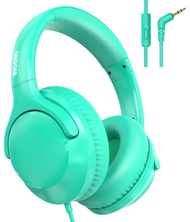 Main image of Wired Over-Ear Headphones with Cord Mic,1.4M Tangle-Free,Stereo Bass Green Adjustable Headband Foldable Portable Lightweight Headset for Office/Tablet/Smartphone/Laptop/Travel/Music,Aux 3.5mm